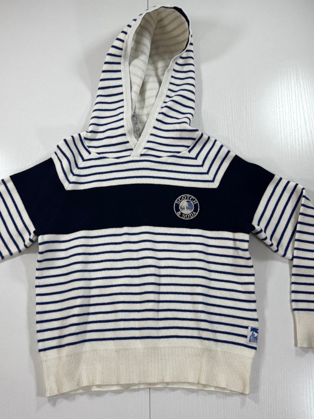 Scotch & Soda Boys Size 8 Striped Hooded Sweater Navy and Cream